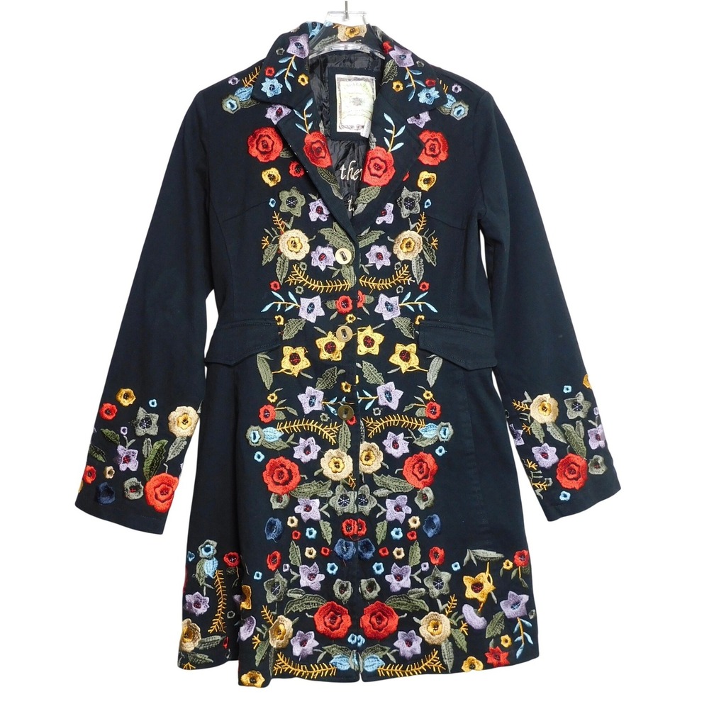 Paparazzi by BIZ Black Floral Embroidered Cotton Blend Trench Coat Jacket Medium